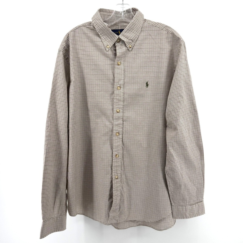 Ralph Lauren Button Down Shirt Men XL Brown Micro Check Plaid Cotton Preppy Work